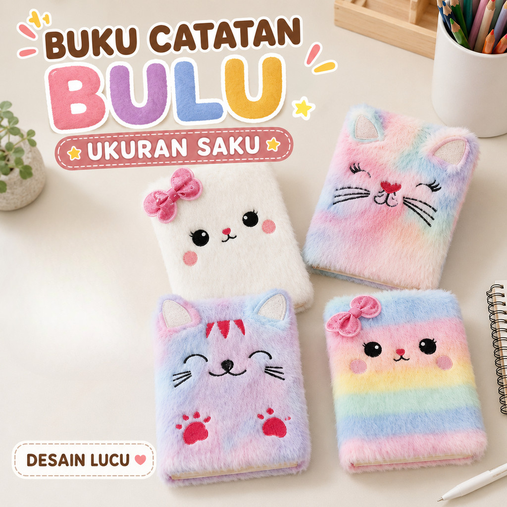 Buku Catatan Berbulu Lucu - Desain Bulu Halus & Imut, Cocok untuk Catatan Anak, Buku Tangan & Hadiah