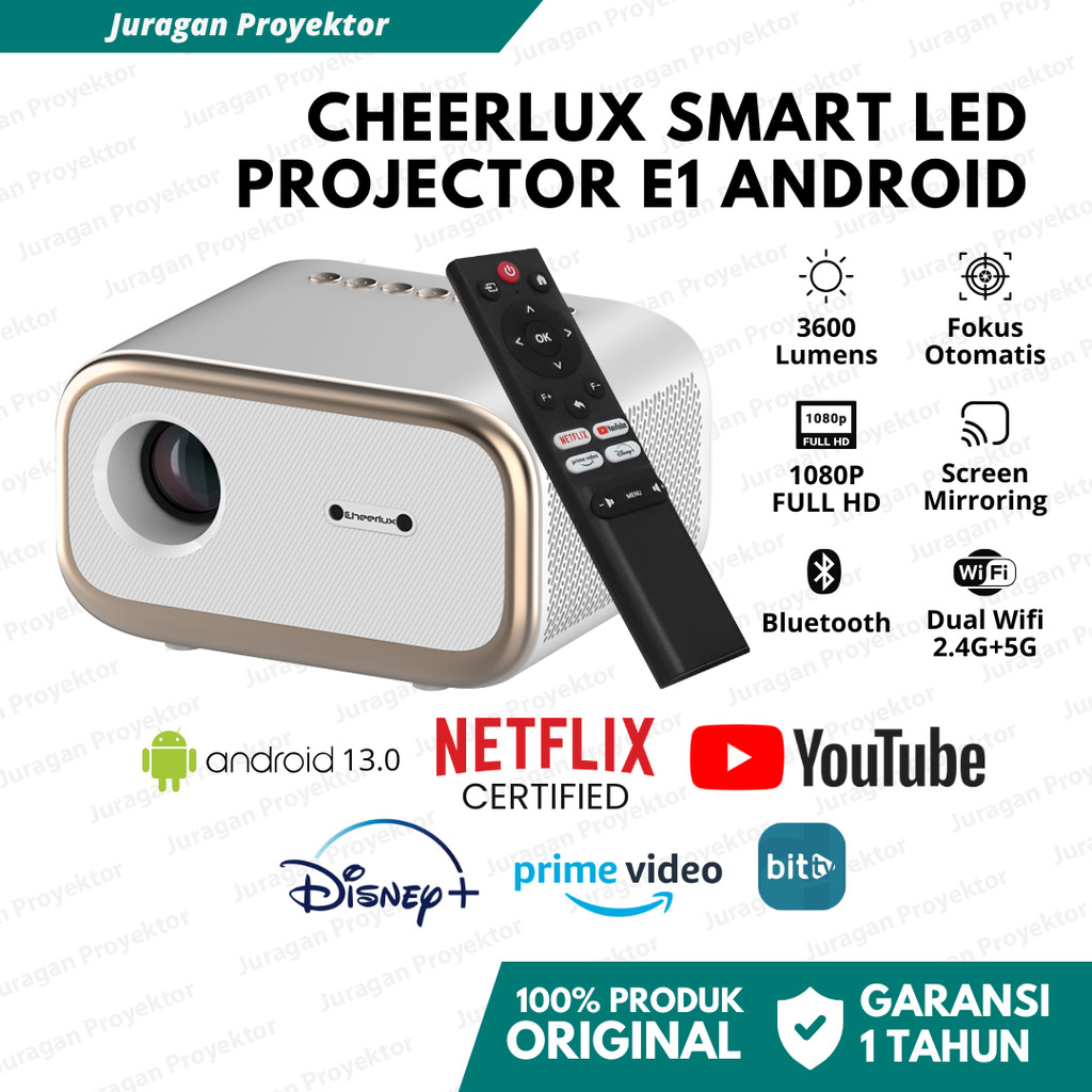 Proyektor Mini Cheerlux E1 Android 13.0 Wifi Netflix Certified 3600 Lumens FHD 1080P | Proyektor Min