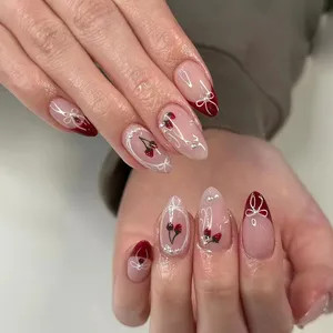 Kuku Palsu Wine Red French Tips - Motif Pita & Cherry 3D - Desain Manis ala Paris - Set Lengkap 24pc