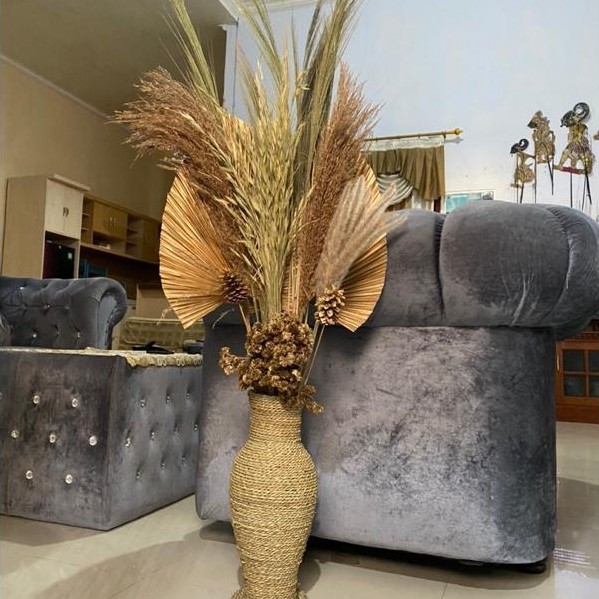 Paket Hemat Bunga Kering Dan Pot Guci Tinggi 50Cm/Dekorasi Kamar/Home Decor/Dekorasi Rustic/Daun Pal