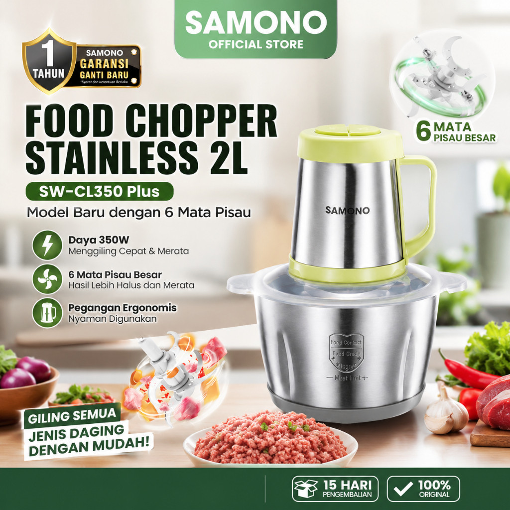 SAMONO Chopper CL350 Plus Mangkok Stainless Steel 2L Penggiling Daging Multifungsi 8 Detik Cepat Hal