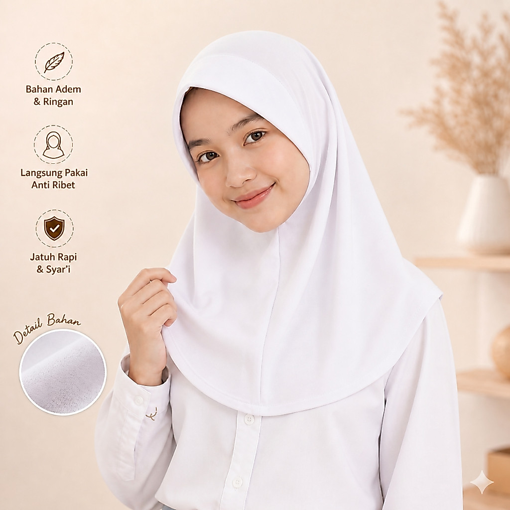 Jilbab Bergo Anak Sekolah Warna Putih Untuk SD SMP SMA | Kerudung Instan Putih Adem & Rapi