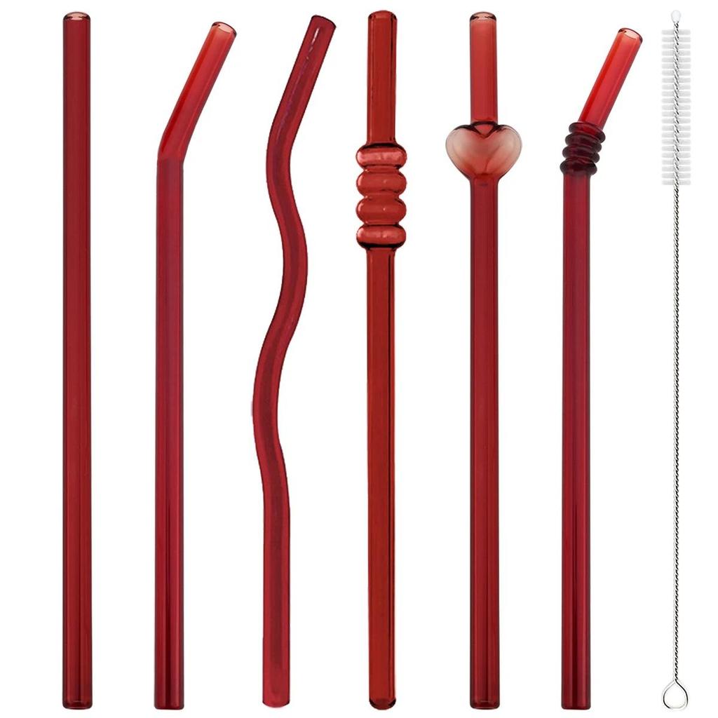 4pcs Red Creative Gldss Straw Milk Tea Juice Cocktail Straw with Brush High Borosilicate Glass Straw