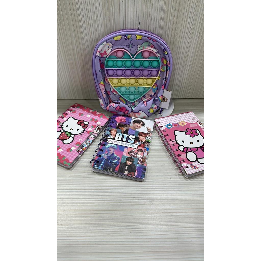 BUNDLING TEMPAT PENSIL POUCH POP IT + BUKU MINI A6 BTS DAN HELLO KITTY 80 LEMBAR