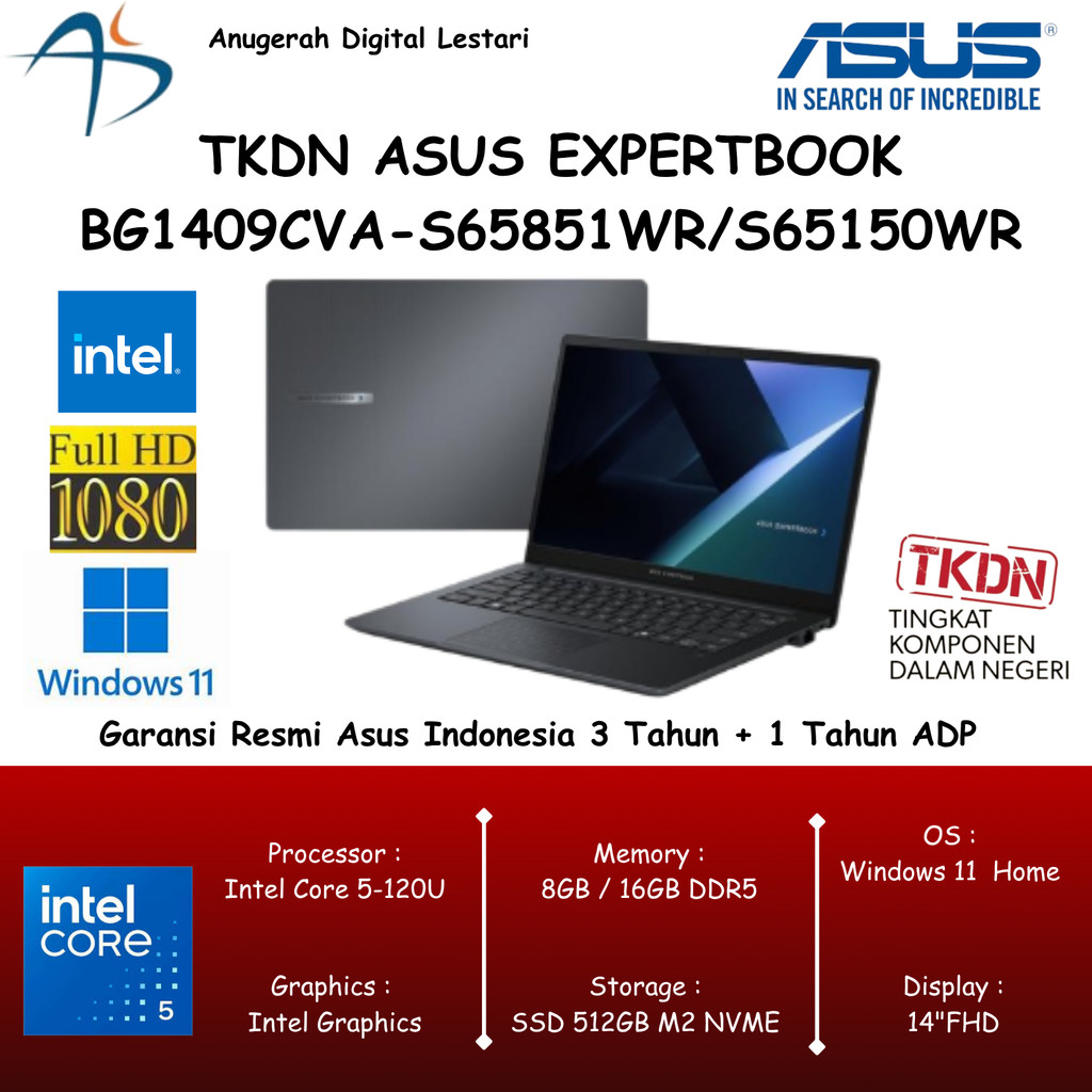 TKDN Asus ExpertBook BG1409CVA-S65851WR/S65150WR Core 5-120U 8GB/16GB SSD 512GB 14"FHD IPS WIN 11 Ho