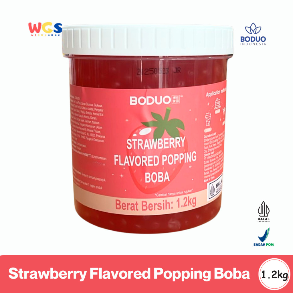 Kreasi|| BODUO Strawberry Flavored Popping Boba 1.2kg - Boba Rasa Stroberi Siap Pakai untuk Minuman 