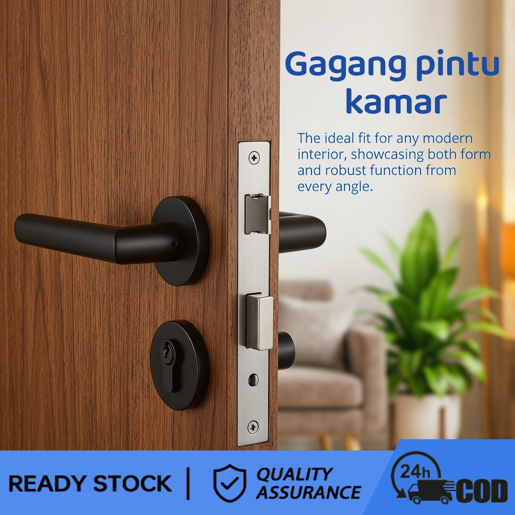 Handle Pintu Set Kunci Hitam Minimalis/Set Gagang Pintu + Body Kunci + Silinder Hitam