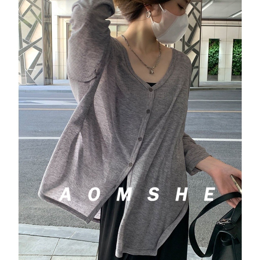 AOMSHE Kemeja Atasan Wanita Vintage Y2k Lengan Panjang Longgar Perancis Transparan