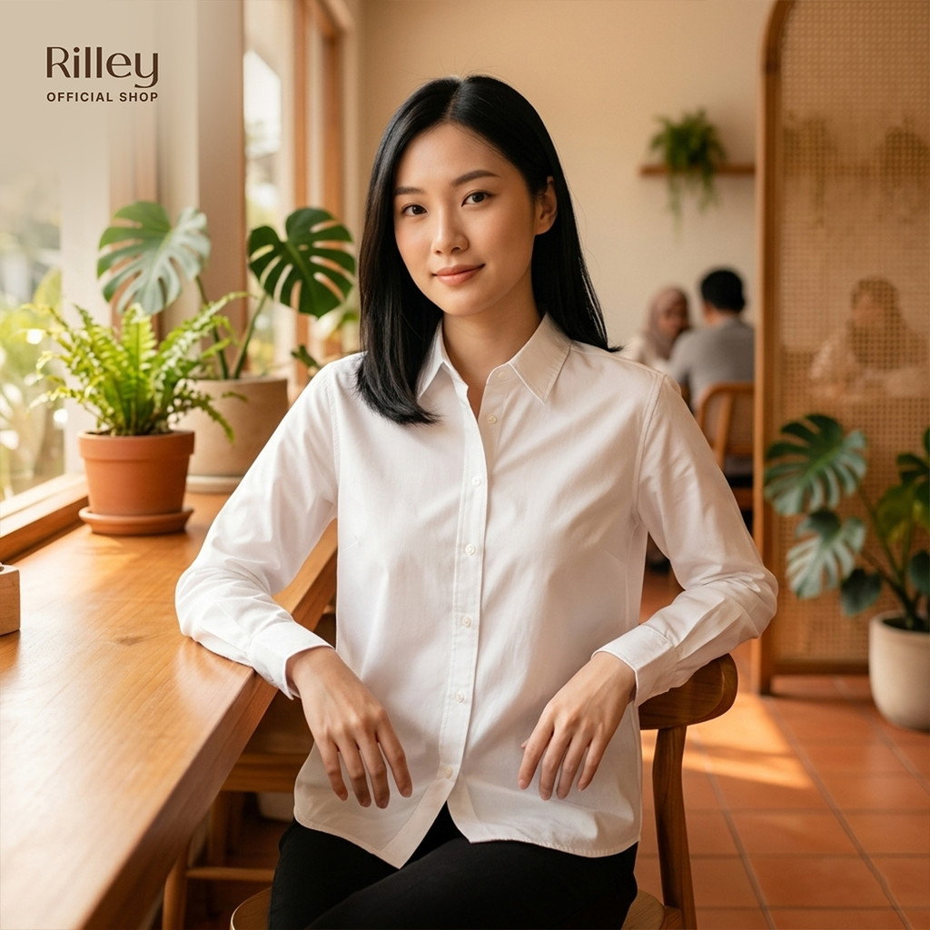 RILLEY - Kemeja Blus Dinar | Kemeja Wanita Lengan Panjang | Kemeja Putih Polos