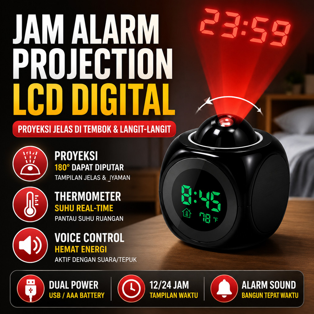 Jam Alarm Projection LCD Digital Voice Thermometer Suhu Waktu 12/24 Jam Proyeksi Laser Tembok Langit