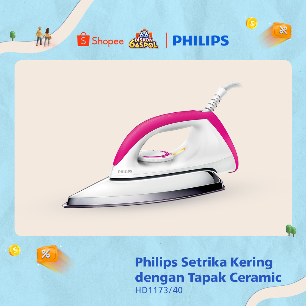 Philips Setrika kering HD1173/40 Pink, Ceramic 4 Lapis, Anti-Lengket, seterika philips, gosokan baju