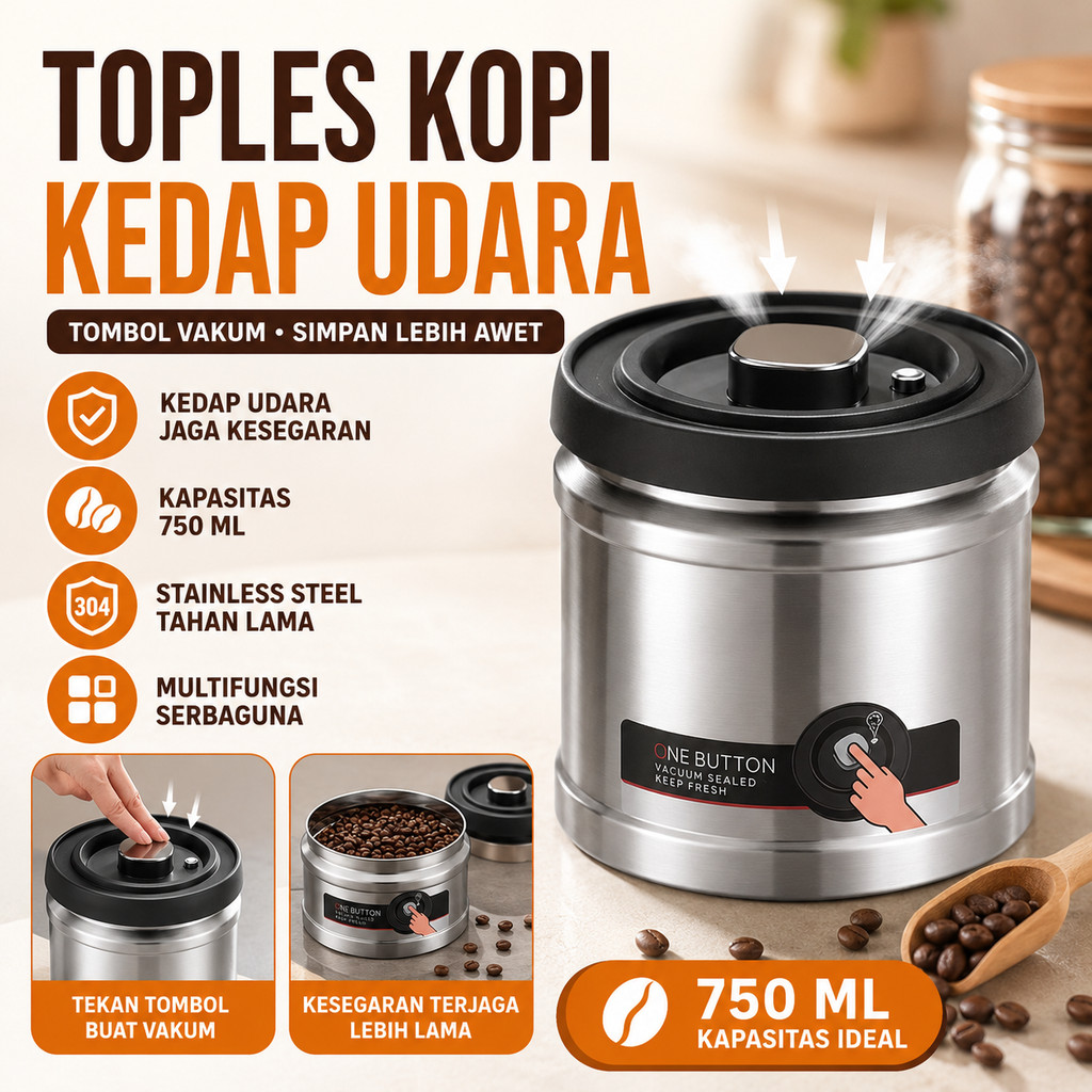 Toples Stainless Steel Kedap Udara Vacuum Sealed Can Kopi Bubuk 750 ml Wadah Tempat Biji Coffee Bean