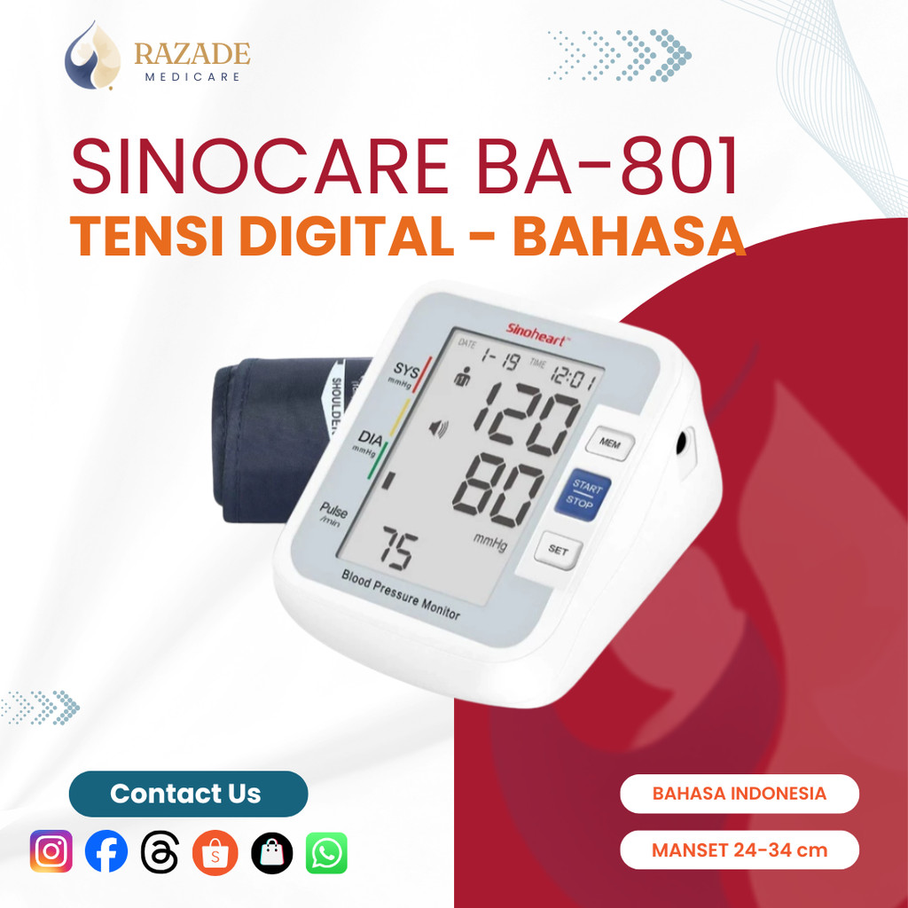 Alat Cek Tensi Darah Digital Otomatis Tensimeter Alat Tensi Darah Digital Sinocare BA-801 (Bahasa)