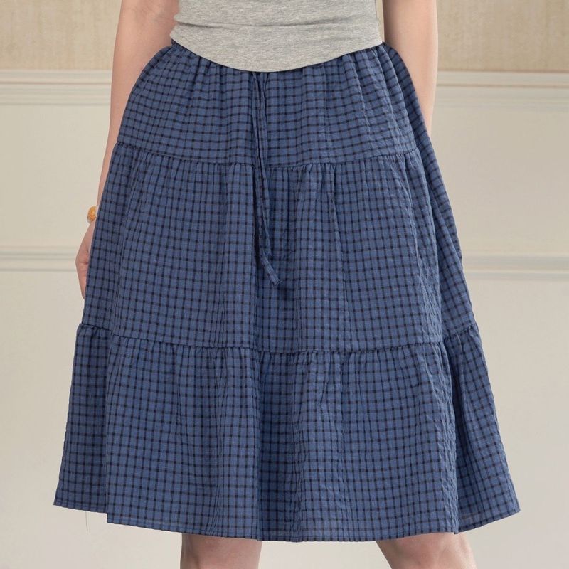ChubChic COD Rok Midi Wanita Blue Plaid Drawstring Elastic Waist Layered A-Line Skirt Korean College