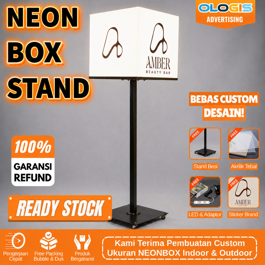 (PAKET KOMPLIT) Light Neon Box Kubus Cubic 3D Full Akrilik 30 40 50 CM Plus Tiang Standing Minimalis
