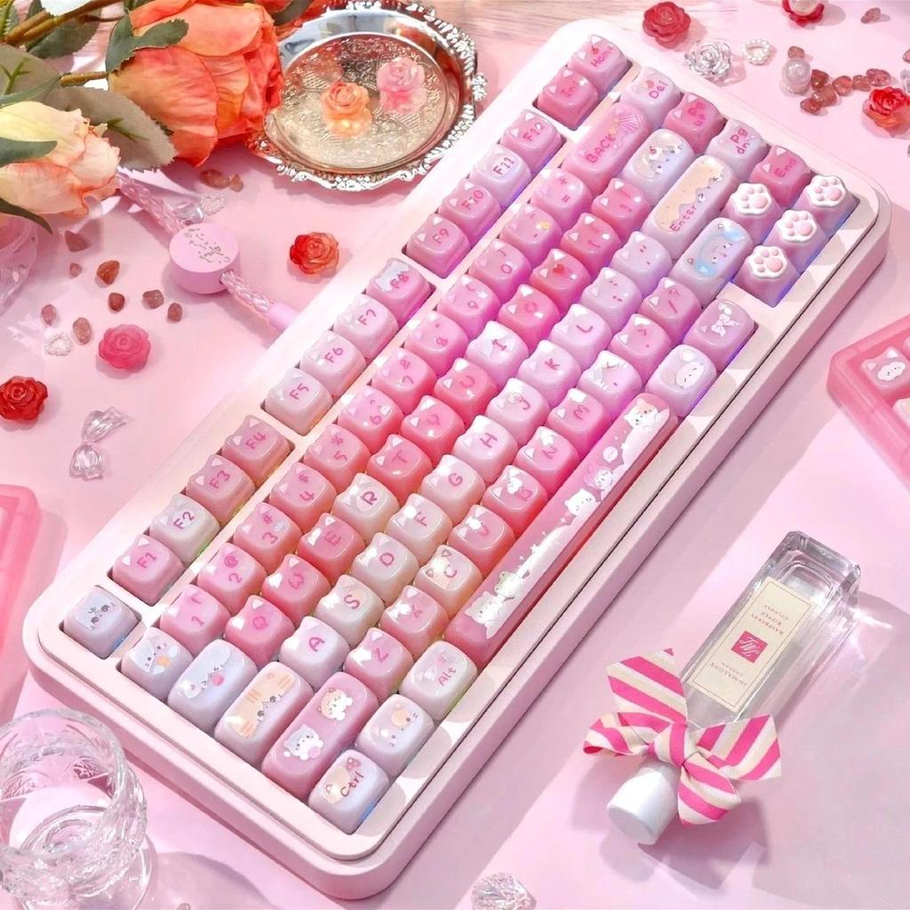 MAO Profile Cute Pudding Cat Ear Keycaps 142 Keys Pink Translucent PC for 60/64/84/98/108 Mechanical
