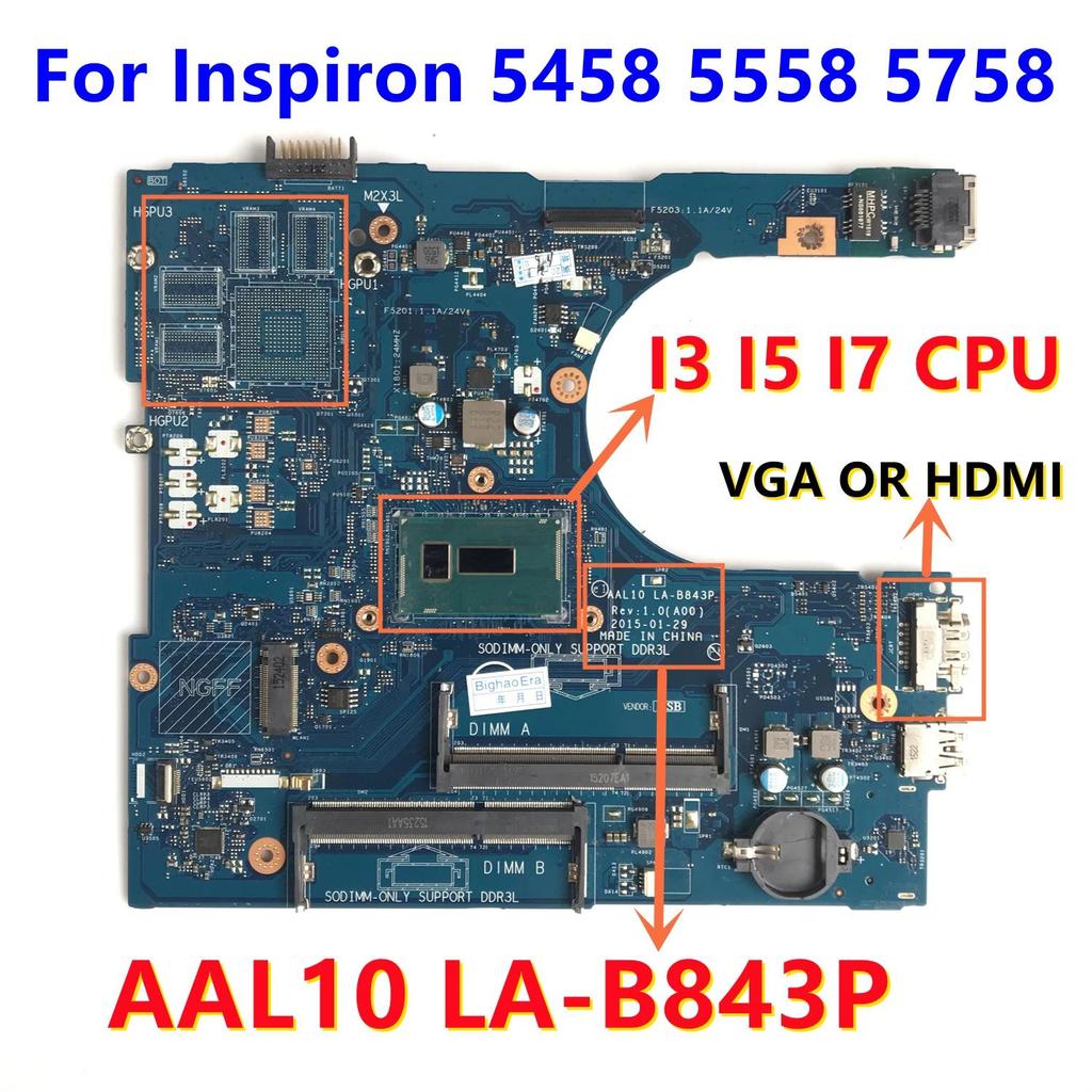 LA-B843P For dell piron 5458 5558 5758 Laptop Motherboard With 3825U i3-4005 i3-5005 i5-4210 i5-5200