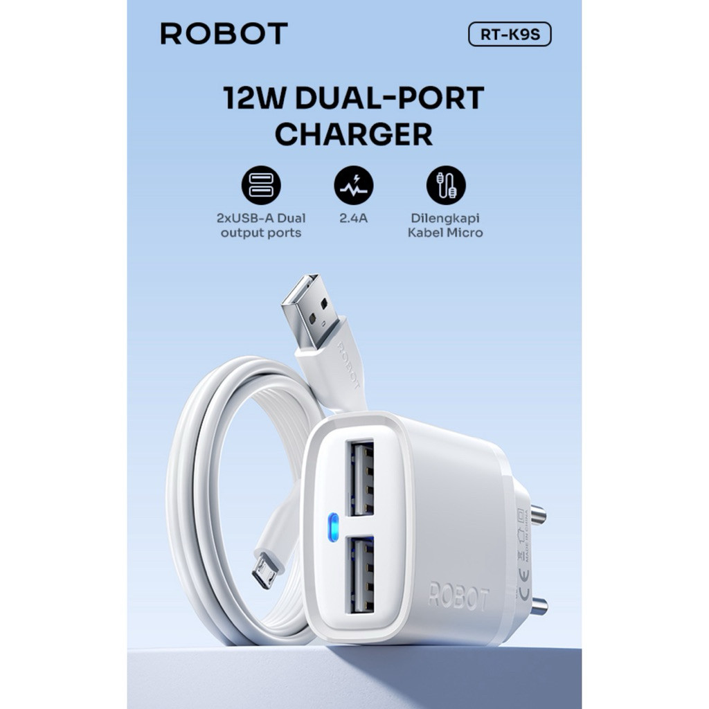 [CITYCELL] Travel Charger ORIGINAL ROBOT RT-K9S 2USB 2.4A 12W USB Kabel Micro / Type-C RT-K9SC Casan