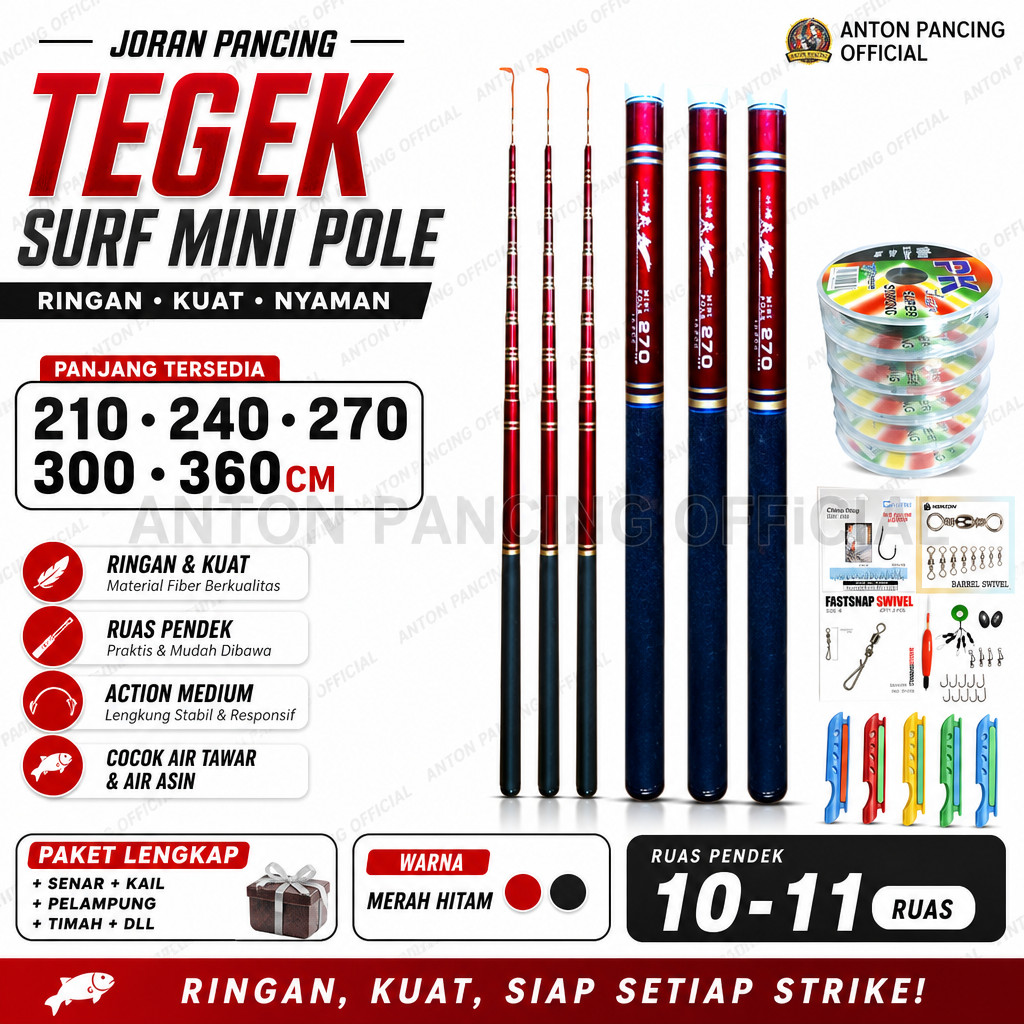 Joran Pancing Tegek Surf Mini Pole Reddish 210 240 270 300 360cm Ruas Pendek Ringan Kuat