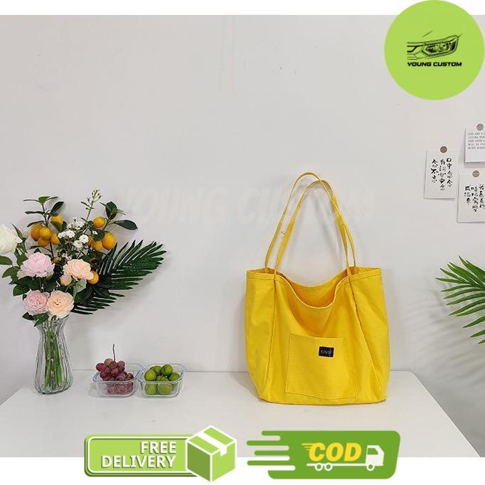 Mores Tas Tote Bag Kanvas wanita Polos Warna Neon Casual Import Korean Style Aesthetic Siena Korean 