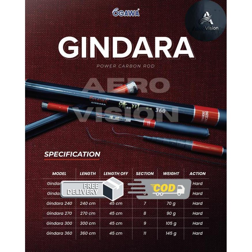 Ogawa Joran Tegek Gindara 180-360 cm Kaku Hard Power Carbon Rod dengan Berbagai Pilihan Panjang - 18