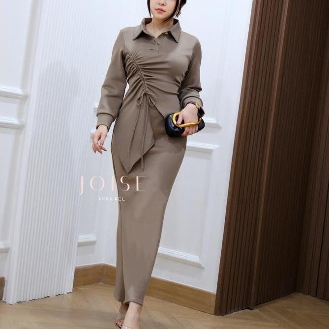 JOISE - Lara Asymmetric Long Dress / Dress Tali Serut Panjang Kancing Maxi Casual Polos Stretch