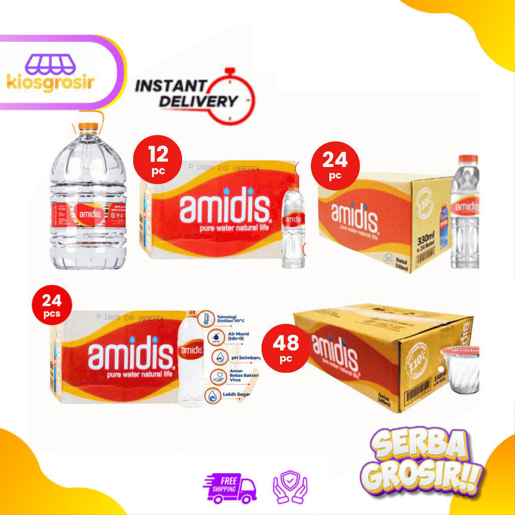 KIOSGROSIR Amidis Galon 15 Liter Air Minum Distilasi Kemasan 140 ml 330 ml  600 ml 1500 ml Isi 12 da