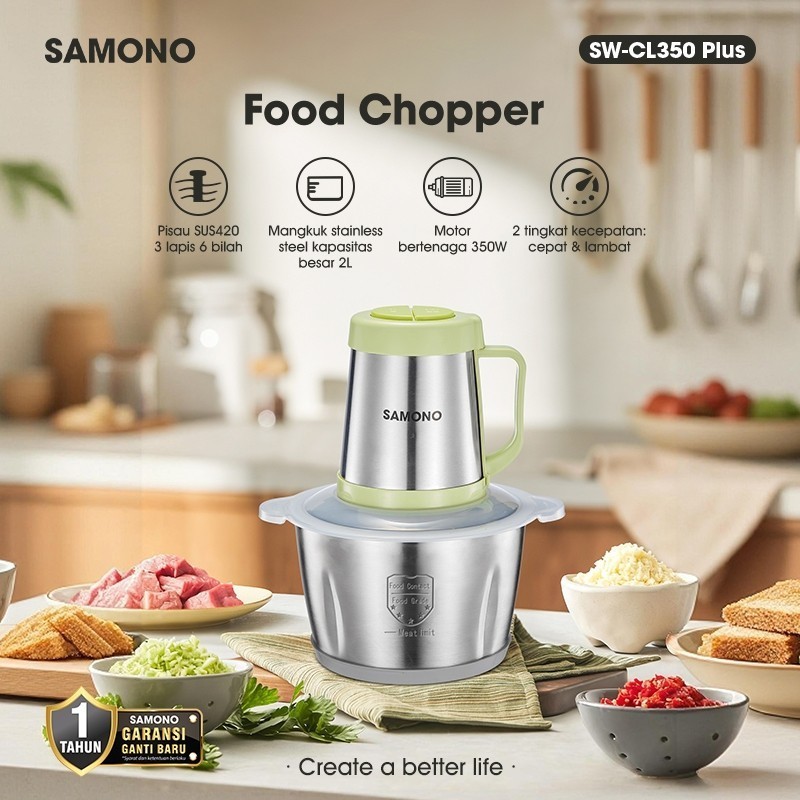 SAMONO Food Chopper 2L 350W Stainless Steel SW-CL350 Plus 6 Bilah Pisau Food Processor Penggiling Da