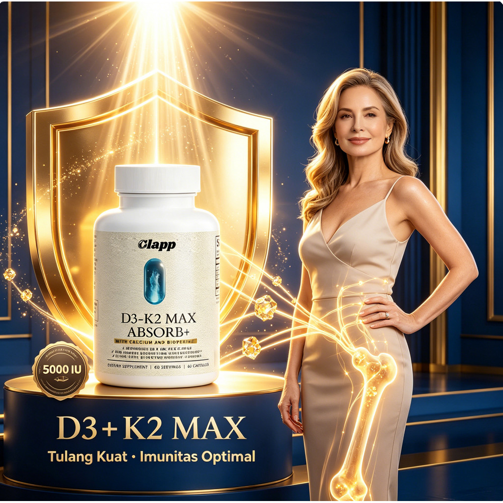 Clapp D3 K2 MAX 5000 IU Vitamin D3 MK7 Kalsium BioPerine Tulang Imunitas 60 Kapsul Vegetarian CO2567