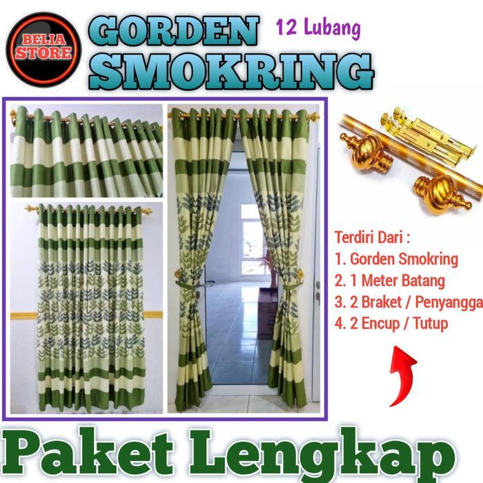 Paket Lengkap Gorden Smokering 12 Lubang Lebar 100-115cm Tinggi 220cm dengan Batang Gorden 1 Meter d