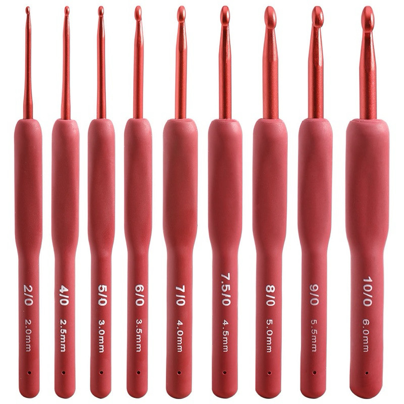 9Pcs/SET Hakpen Red Non Tulip - Jarum Rajut Hakpen Handle Karet Crochet Set Red