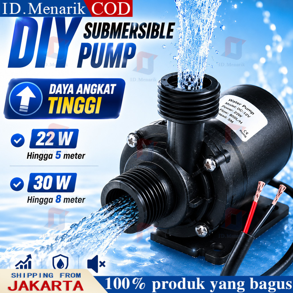 Pompa Air Celup Submersible DC 12V 24V Tekanan Tinggi 22W 30W Debit 800–1000L/H Head 5–8 Meter Aquar