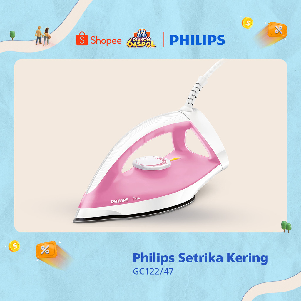 Setrika Philips Diva GC122/47 Pink - Setrikaan promo murah, Tapak Strika Anti Lengket, Tahan Lama