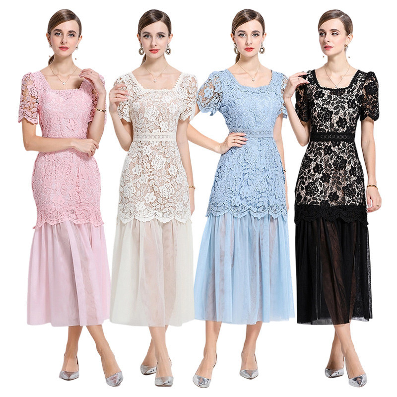 20265v Dress wanita, gaun renda kerah persegi jala elegan ahlsen