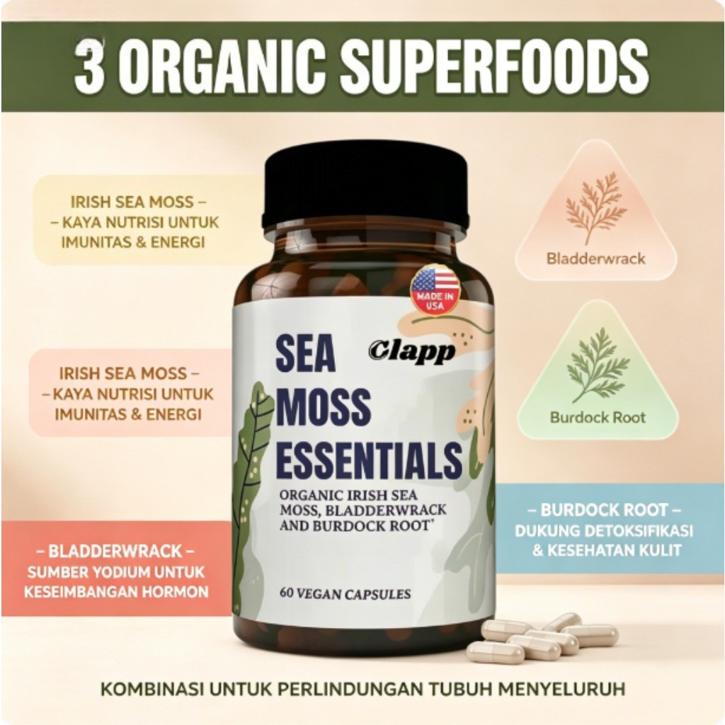 Clapp Sea Moss Essentials Organik Lumut Laut Irlandia Bladderwrack Burdock Dukungan Akar Tiroid dan 