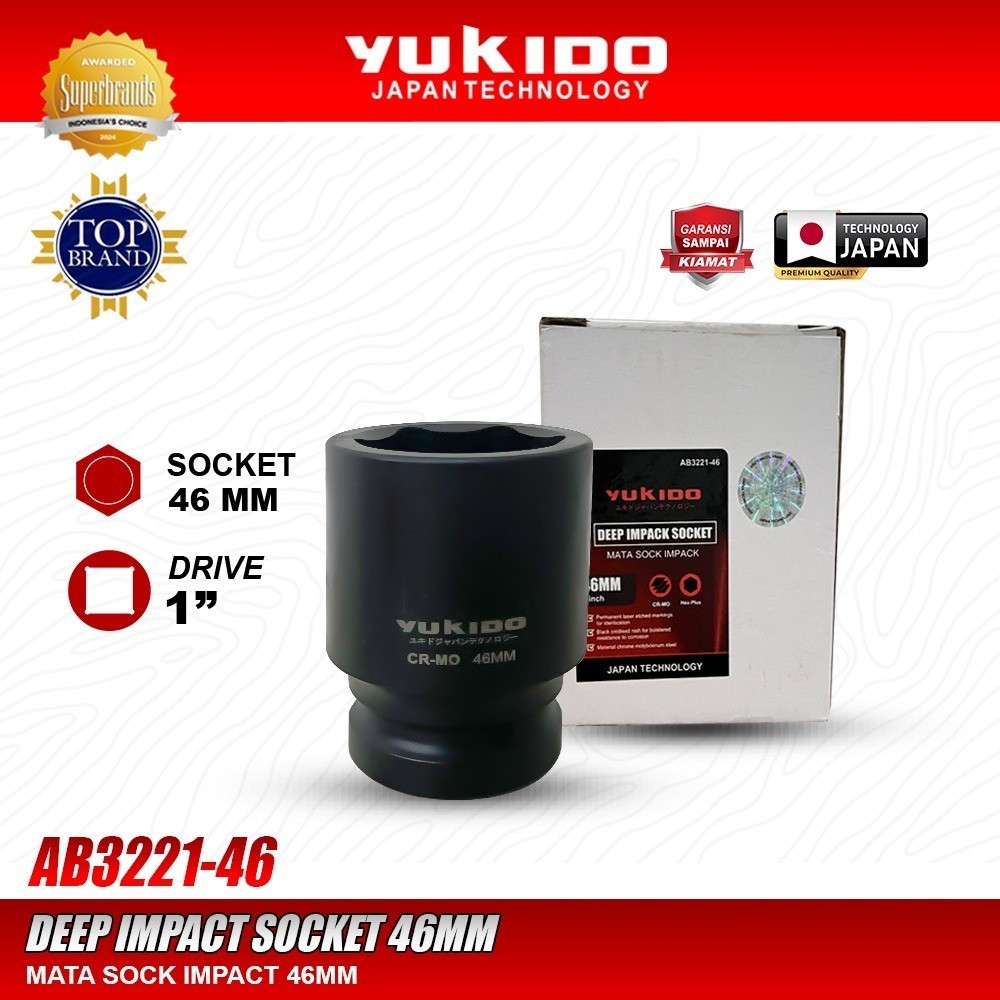 Impact Manual YUKIDO Mata Shock Deep Socket Air Impact 46mm Drive 1 Inch Kunci Sock Cr-Mo Hitam Alat