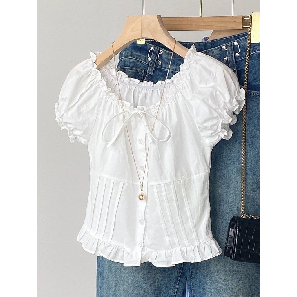 Blus Wanita Lengan Pendek Slim-Fit Model Puff dengan Kerah Bulat