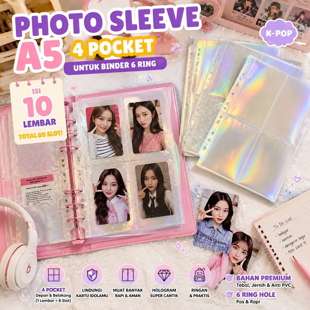 Photo Sleeve A5 4 Pocket untuk Binder 6 Ring Holder Photo Card PC MPC Kpop | Isi 10 Lembar 80 Slot A