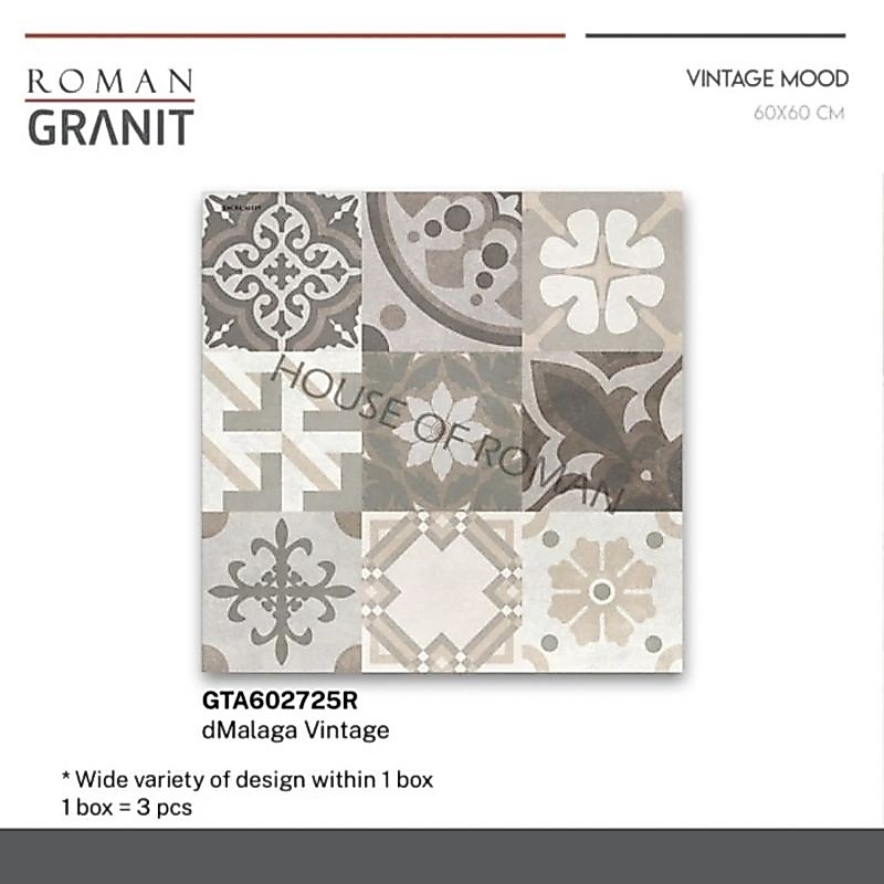Roman Granit 60x60 dMalaga Vintage GTA602725R / Granit Lantai Vintage / Lantai Granit Motif Tegel / 