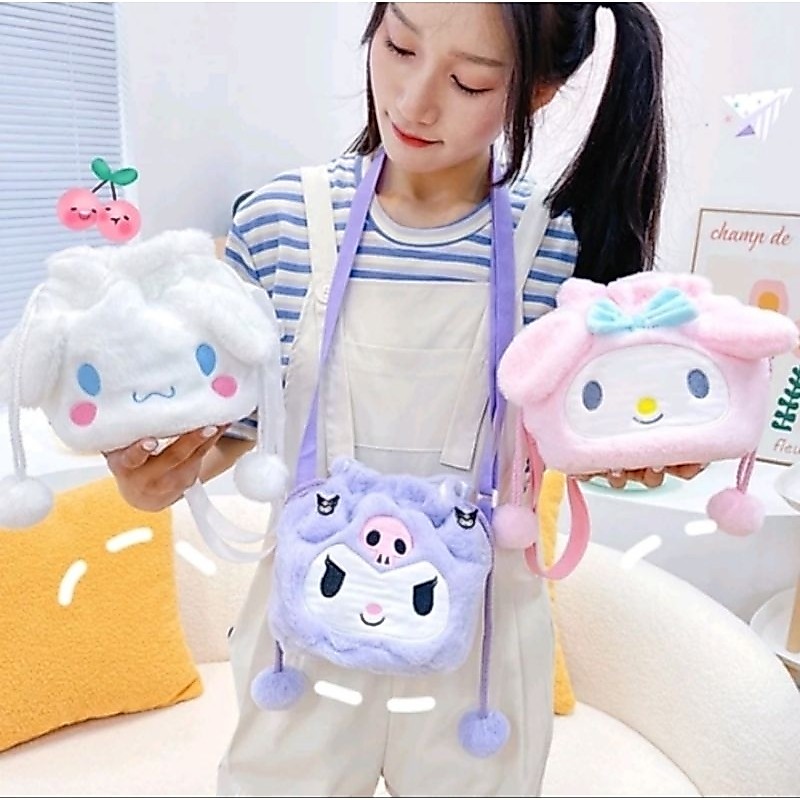 KS Tas Slempang Bulu Halus Kuromi Melody Cinnamorol / Tas Serut Karakter Sanrio / Slingbag Bulu
