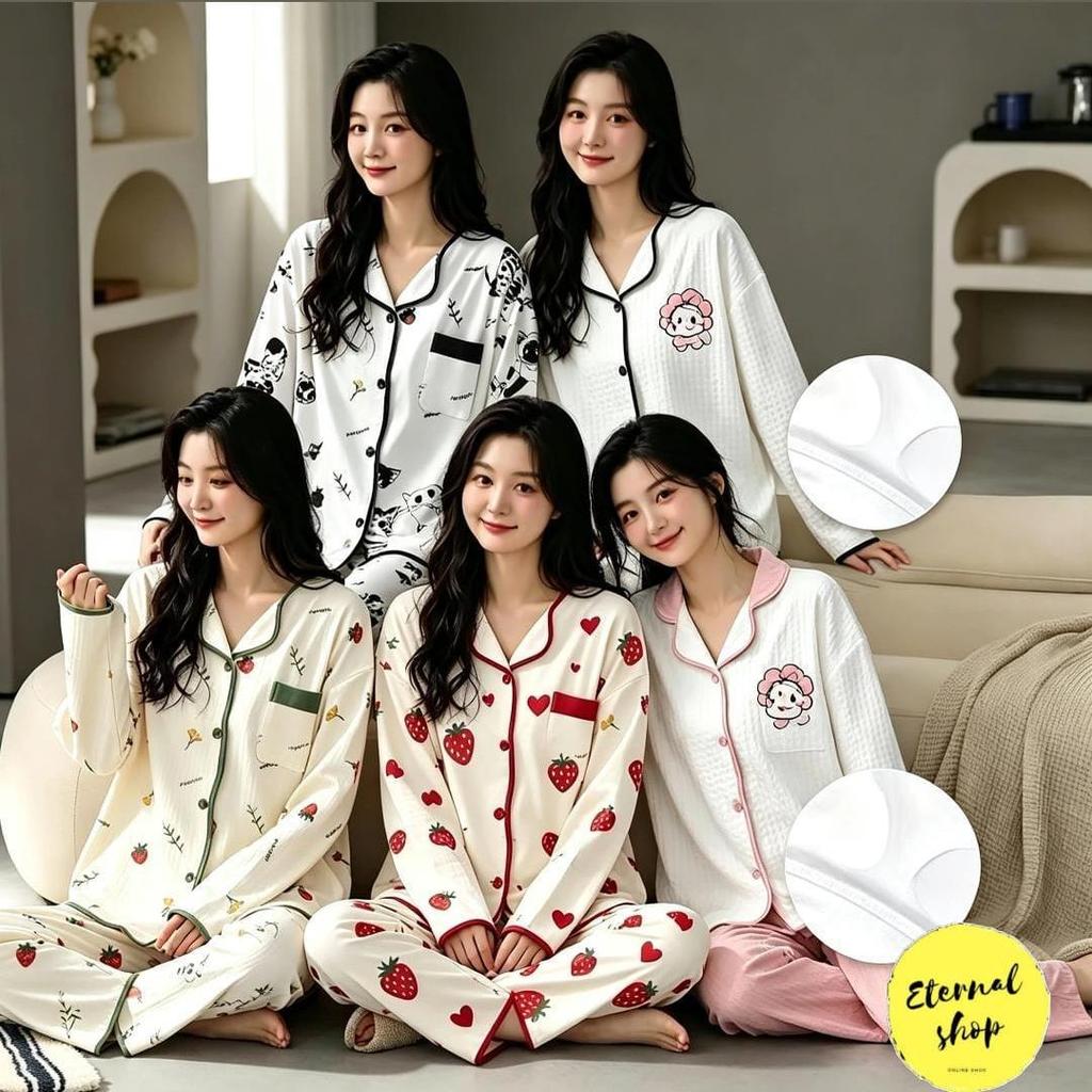 Eternal  Baju Tidur Wanita Setelan Lengan Panjang - Dilengkapi Cup Bra Lembut - Motif Stroberi Kucin