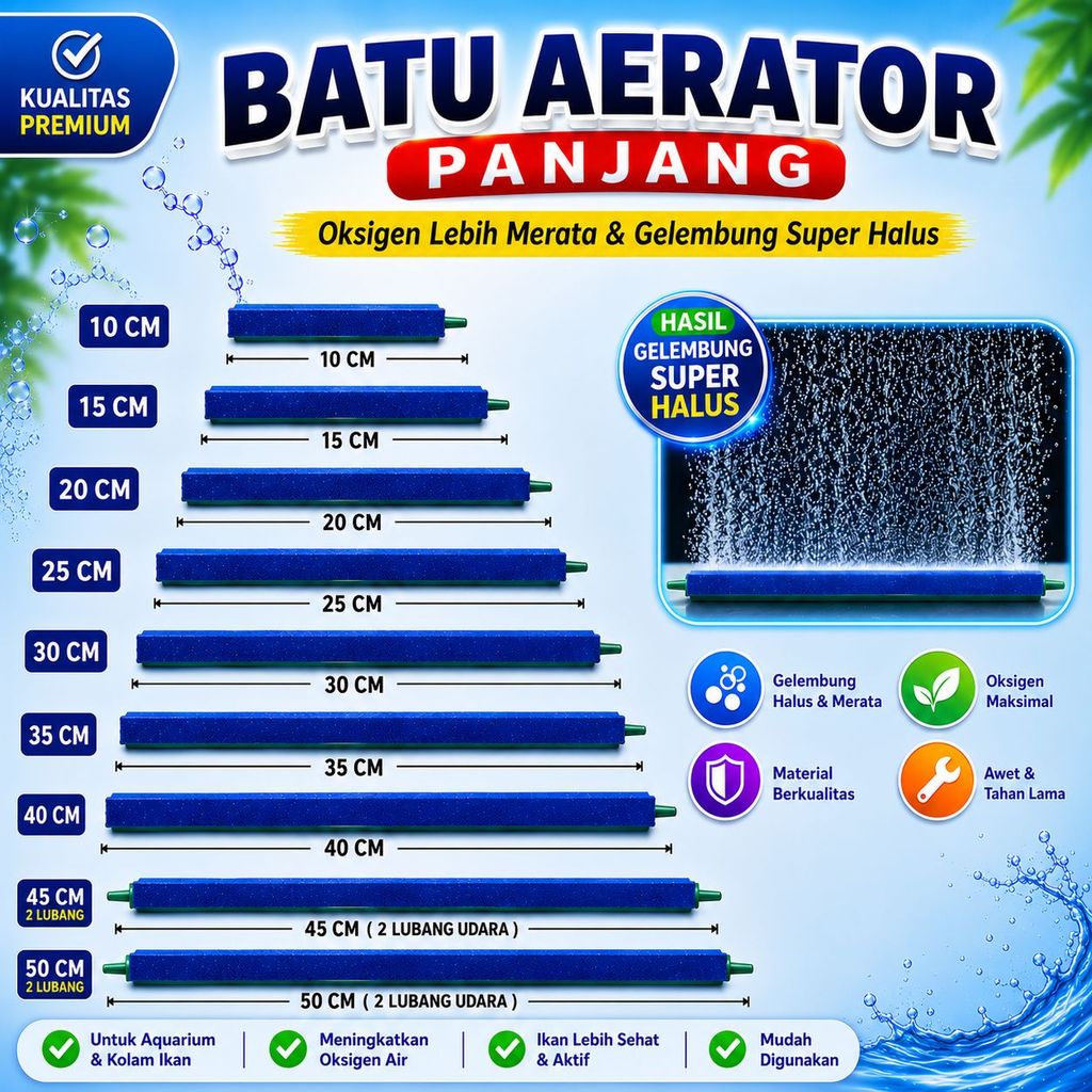 Airstone Panjang 12" (30 cm) Batu Aerator Gelembung Halus Batu Aerator Panjang