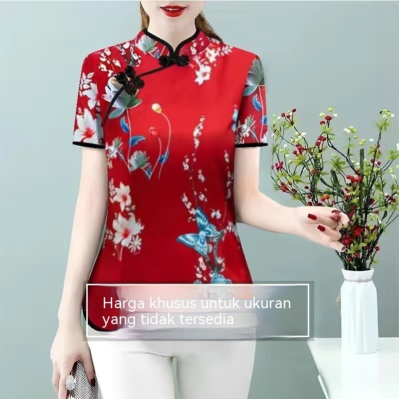 Wanita Gaya Cina Wanita Longgar Vintage Cheongsam Kemeja Lengan Pendek Blouse Baju Baju Wanita