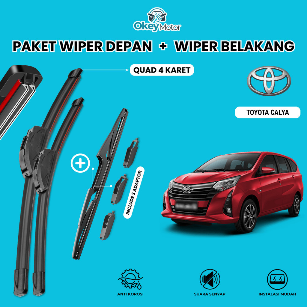 (mesin turbo) Wiper Toyota Calya Quad Kaca Mobil Paket 1 Set Depan Belakang