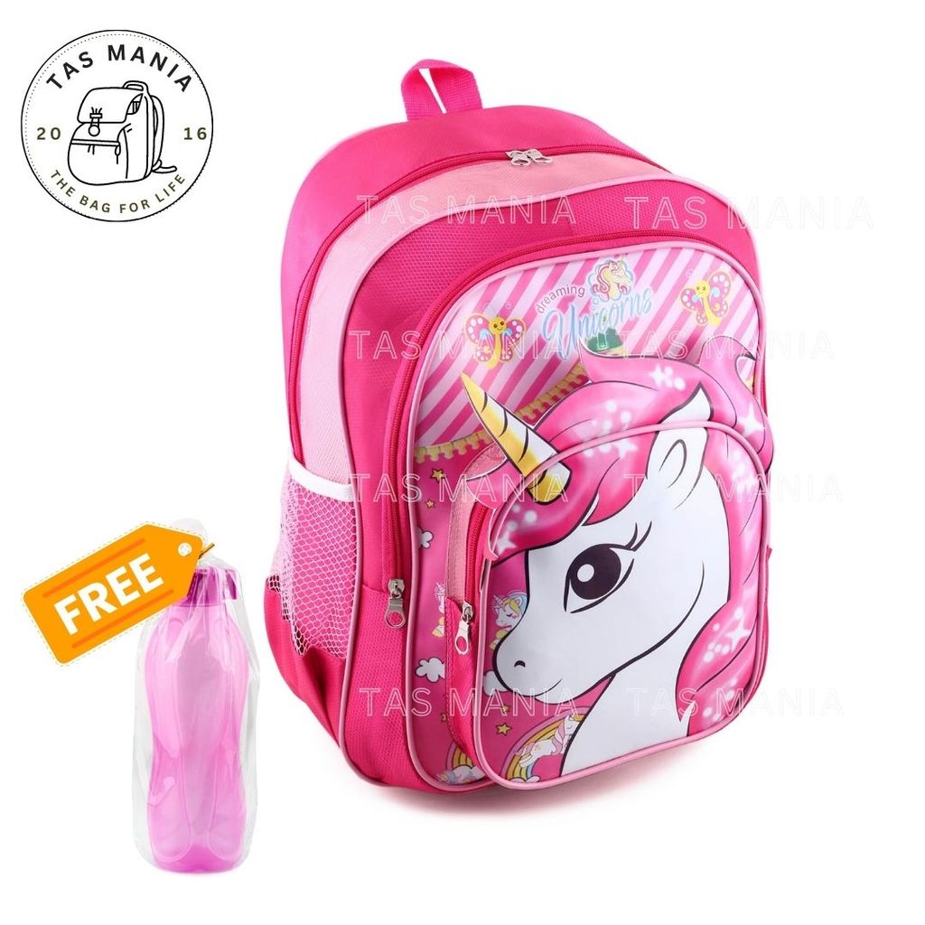 TAS MANIA - Tas Ransel Anak Perempuan Karakter UNICORN - HORN 3D EFFECT - COOL BACKPACK FREE BOTOL M