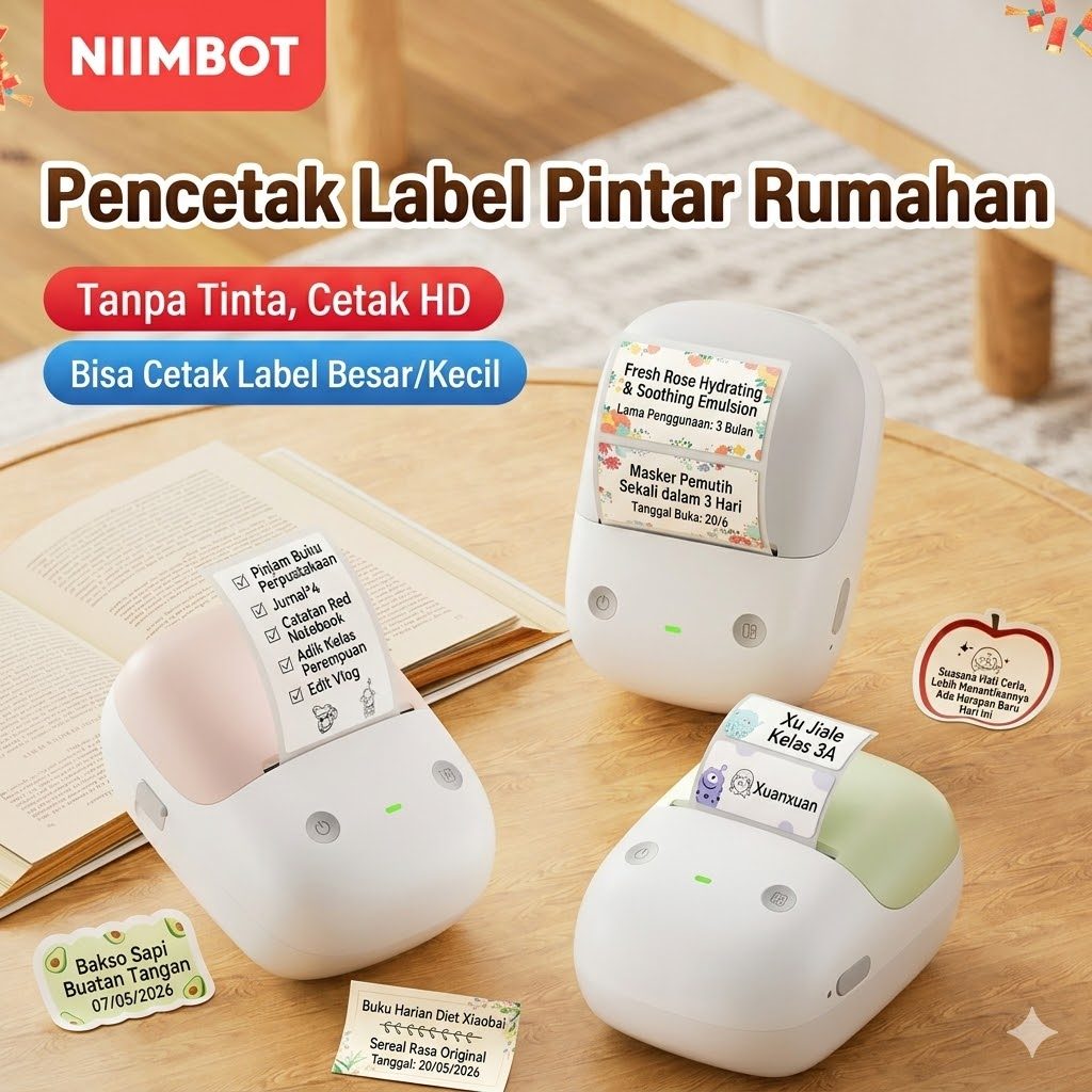 NIIMBOT B2 Printer Label Mini Portabel Bluetooth untuk Label Nama, Stiker Makanan, Stiker Saklar, St
