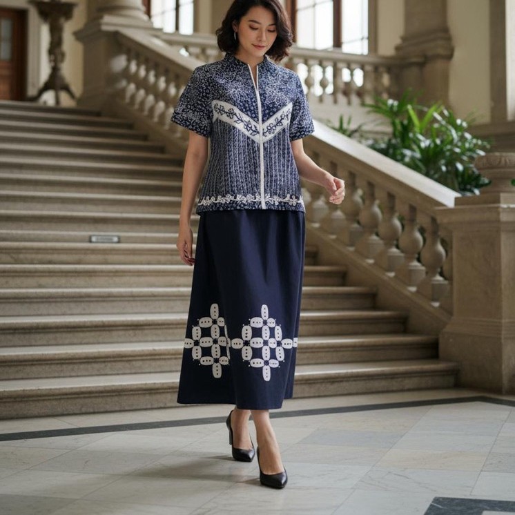 Blus batik cap lasem hitam putih dengan bordir