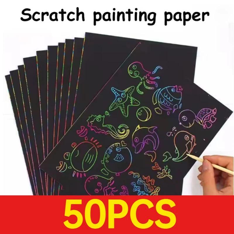 50 pcs Scrat Paper Kids Rainbow Magic Scrat Off Paper Sheets Art Craft Kit Black Note Paper Drawing 