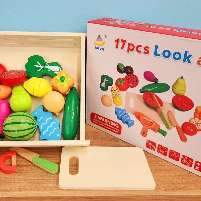 17Pcs Look At It Mainan Masak Masakan Wooden Toys Mainan Kayu Mainan Dapur Anak Perekat magnet - 17 