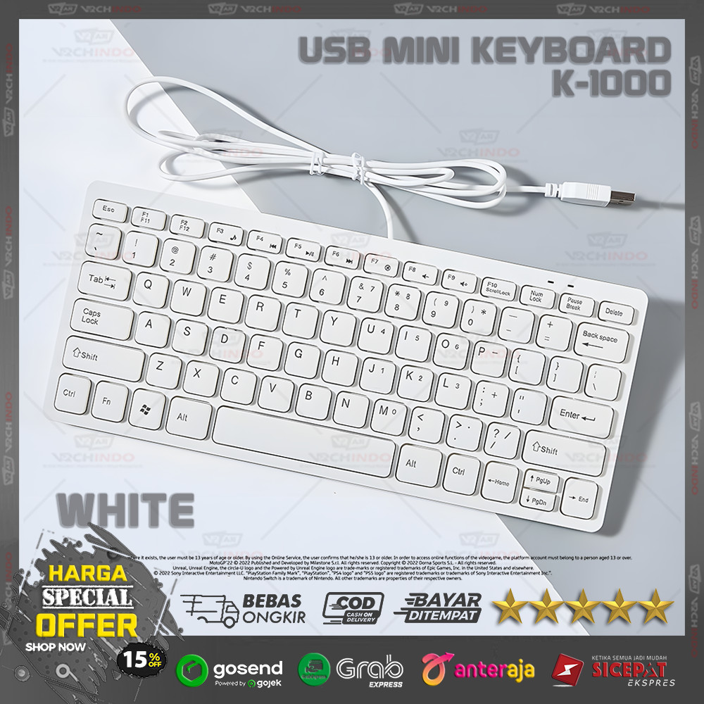 Keyboard Mini K1000 USB Wired Putih Keyboard 78Key untuk Computer Laptop 
